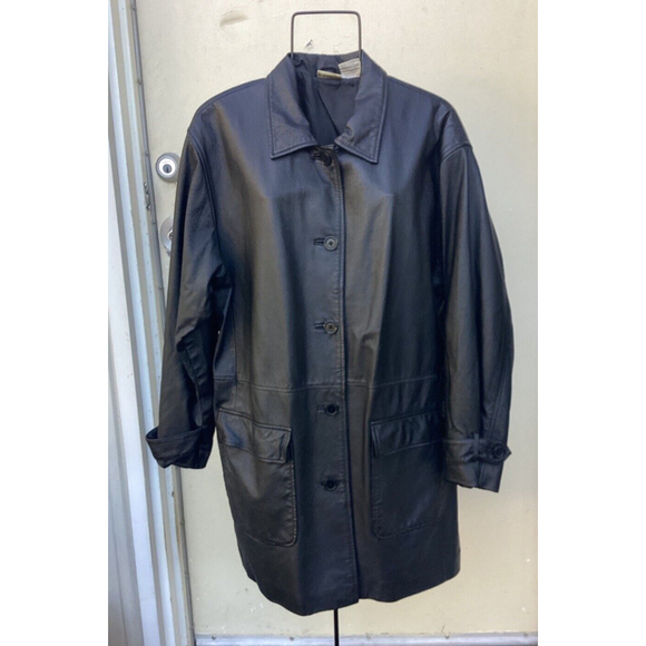 Newport News Long Black Leather Button Up Trench coat Jacket Size 1X Womans vntg - Picture 1 of 11